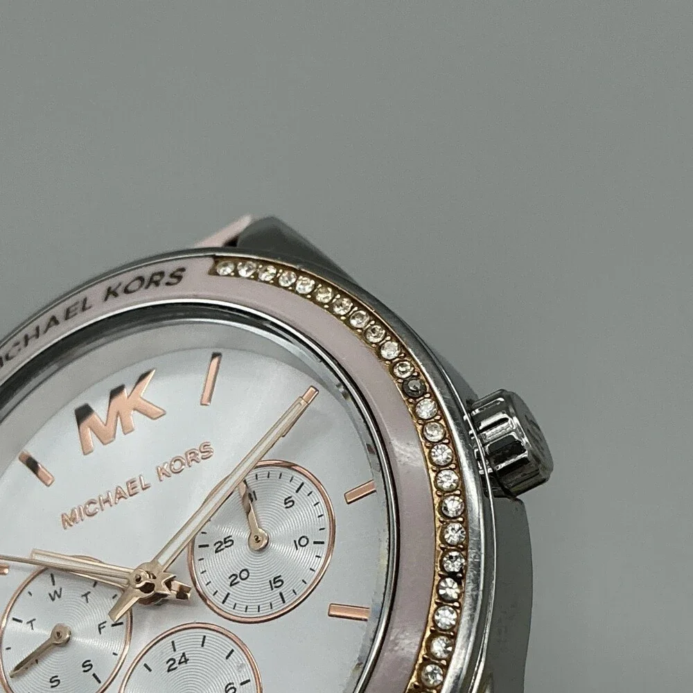 Michael Kors Womens Watch 40mm Silver Tone Pink Crystals Day Date Silicone Band